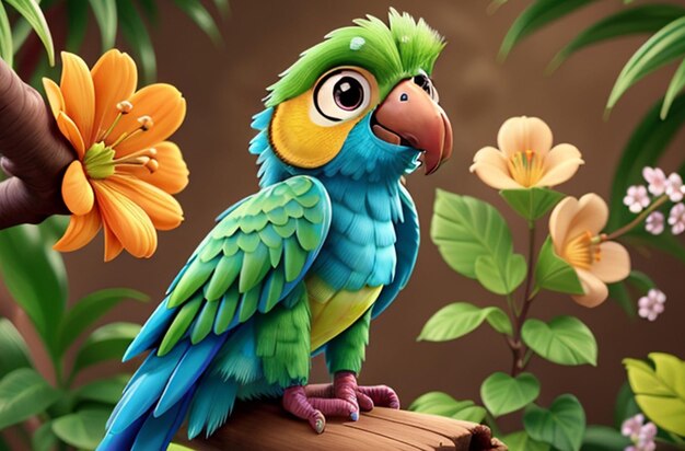 3D illustration of a baby parrot perched on a tree branch AI generative