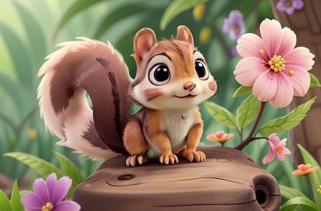 3d illustration of a baby squirrel perched on a tree branch ai generative