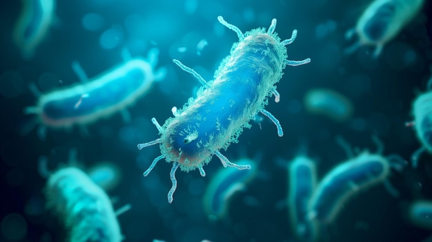 3D 일러스트레이션: 암흑 파란색 배경에 현미경 아래의 박테리아를 상징하는 과학적 결과.