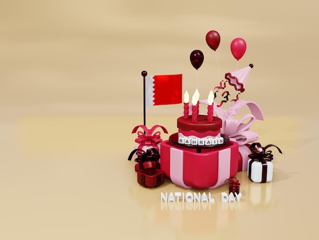 3d illustration bahrain independence day with cake in the gift
box perfect for background and illustration