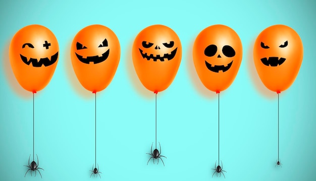 Photo 3d illustration of balloons with scary faces halloween holiday concept