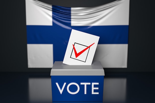 3d illustration of a ballot box  with the  national flag of finland in the surface.