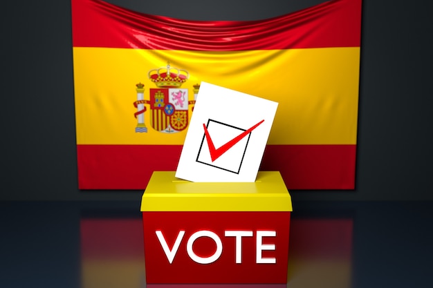 3d illustration of a ballot box  with the  national flag of Spain in the surface.