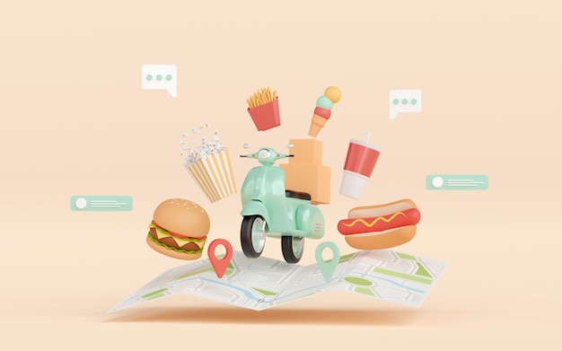 3d illustration of Banner of food delivery by scooter