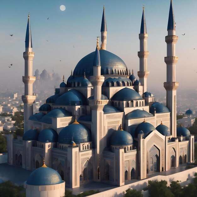 3d illustration of beautiful black and eastern blue mosque for ramadan kareem