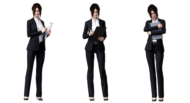 3d illustration Beautiful business woman standing in different poses wearing office formal outfit