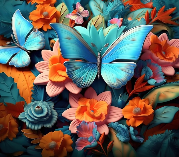 3d illustration of a beautiful butterfly and flowers in blue and orange Ai Generated