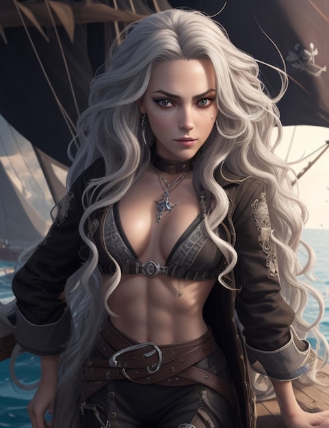 3D illustration of a beautiful fantasy woman with long blond hair in a pirate costume