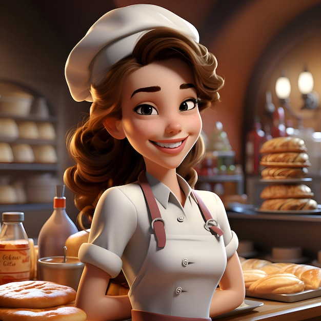 Photo 3d illustration of a beautiful female baker in a bakery shop