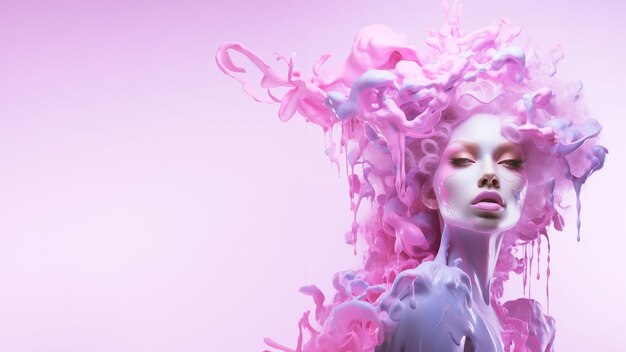 Foto illustrazione 3d di una bella ragazza con i capelli rosa e trucco creativo in colori pastello