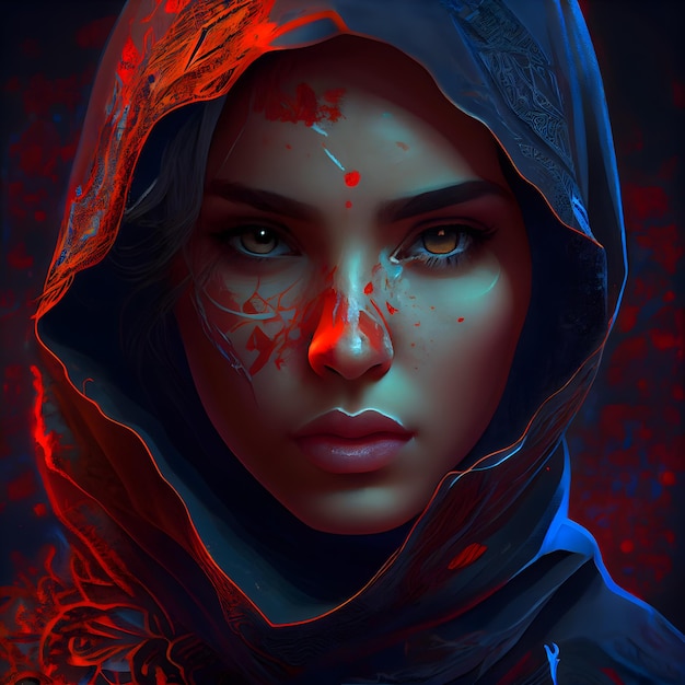 3d иллюстрация красивой девушки с красной кровью на лице