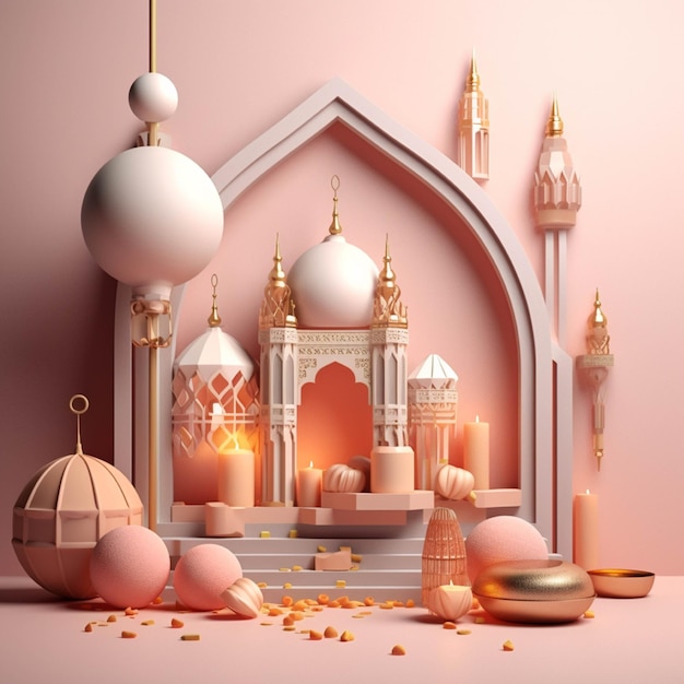 3d illustration of beautiful islamic background with mosque candles and arabic lanterns