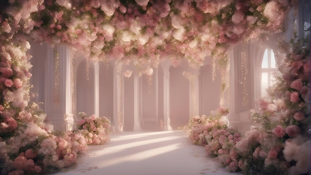 3d illustration of a beautiful room decorated with pink roses and light