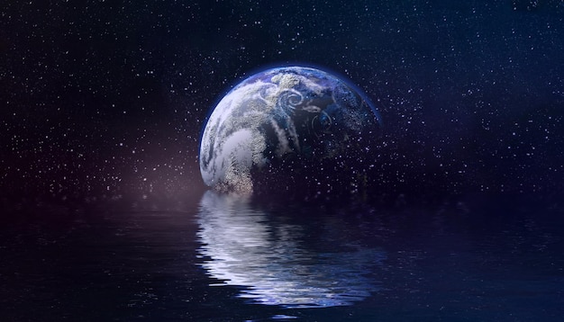 3D 그림 공간에 있는 아름답고 특이한 우주 행성은 물 은하 별 밤하늘에 반영됩니다. NASA에서 제공한 이 이미지의 요소