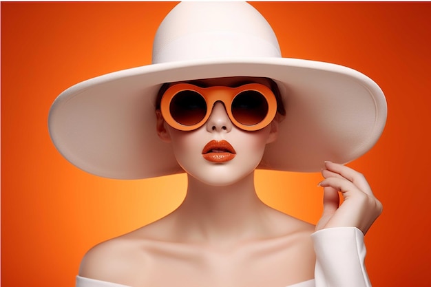 3d illustration of beautiful woman in hat and sunglasses on orange background
