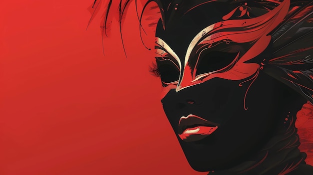 赤い背景にカーニバルのマスクを着た美しい女性の3DイラストジェネレーティブAIイラスト