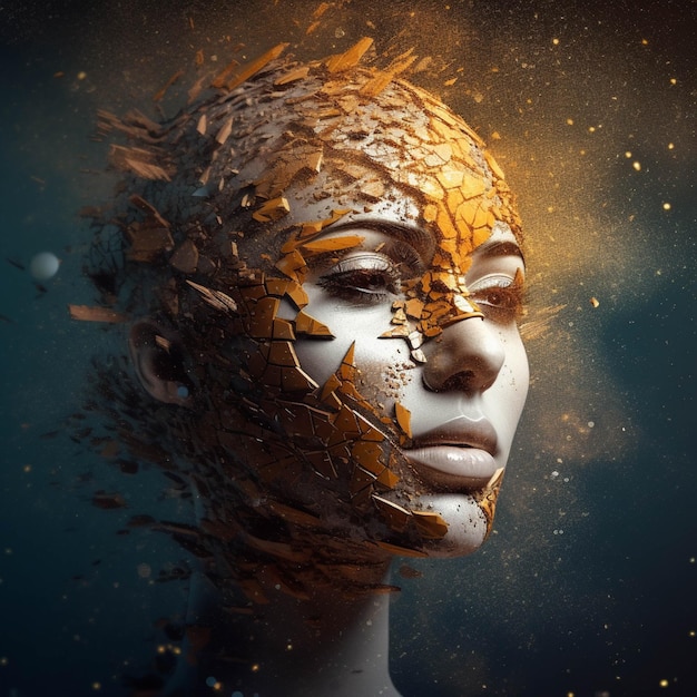 3D-иллюстрация красивой женщины с творческим макияжем и трещиной кожи