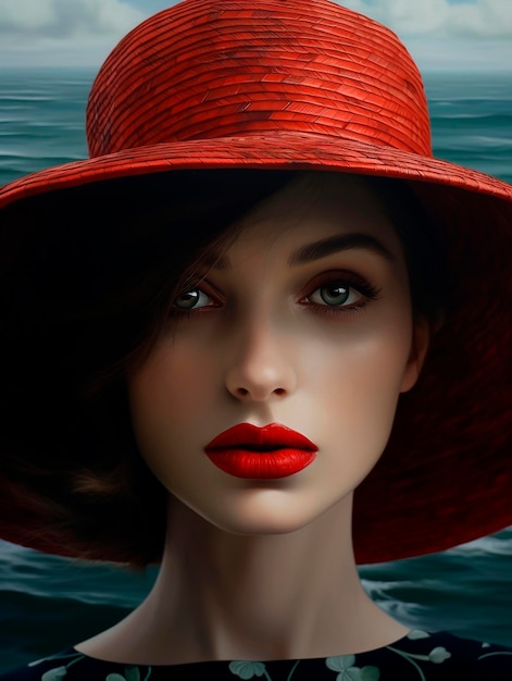 3d illustration of a beautiful woman with red hat in the sea