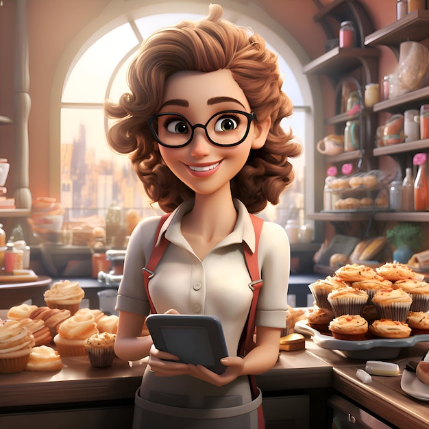 3D illustration of a beautiful young woman in a bakery holding a tablet