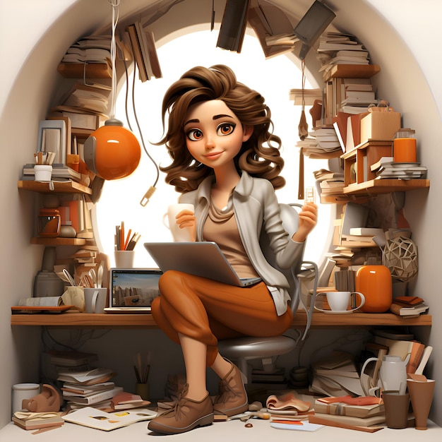 3D illustration of a beautiful young woman sitting in a room with a bookcase