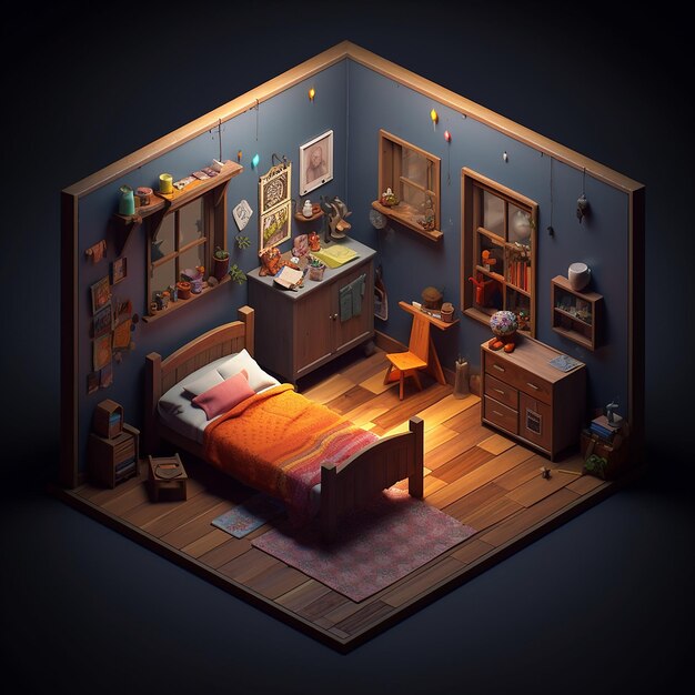 a 3d illustration of a bedroom with a bed and a dresser