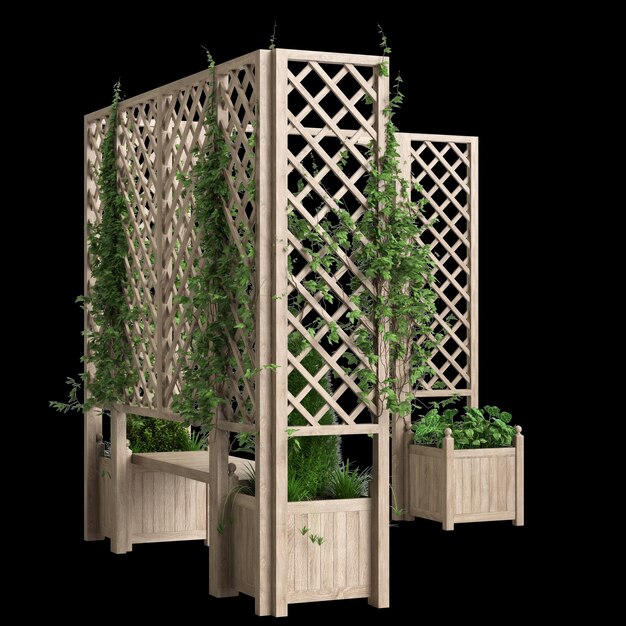 3d illustration of bench planter with trellis light wooden isolated on black background