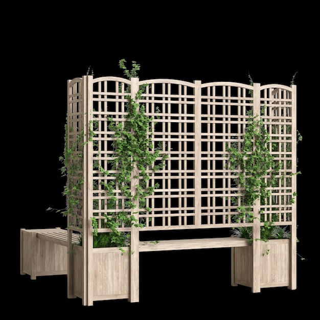 3d illustration of bench planter with trellis light wooden isolated on black background