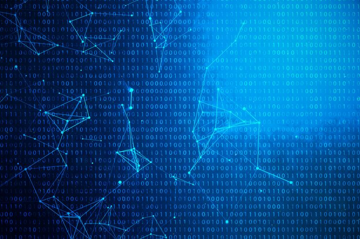 Photo 3d illustration binary code on blue background. bytes of binary code. concept technology. digital binary background. connection lined and dots, global network.