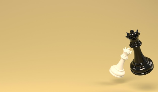 Фото 3d иллюстрация черно-белая королева на желтом фоне для копирования пространства 3d рендеринг концепции шахмат
