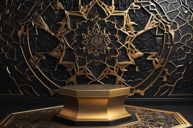 3d illustration of black background with golden octagonal pedestal in islamic style