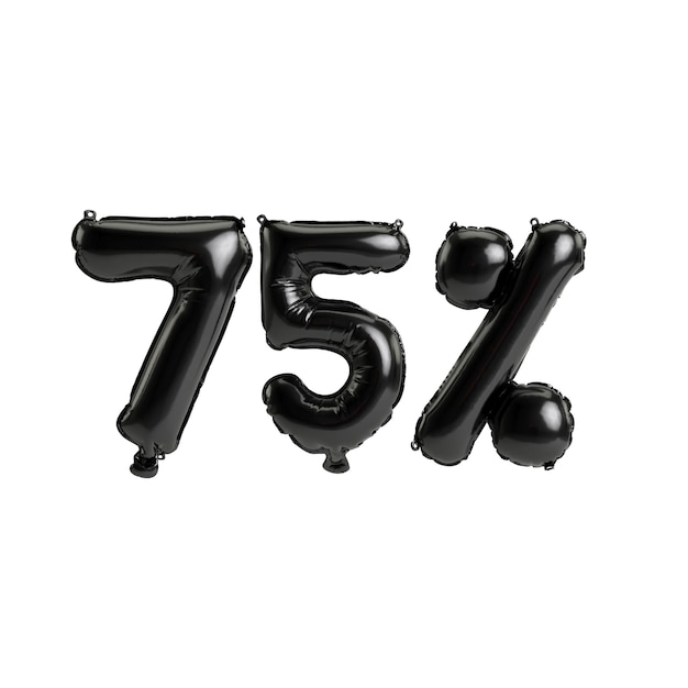 3d illustration black balloons shape 75 isolated on white background