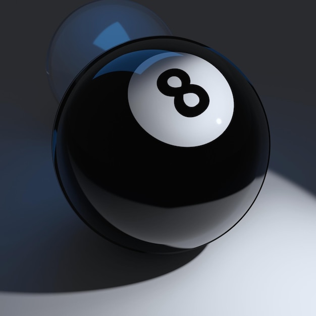 3d illustration of black billiard ball with number 8 and white glitter ball in background on bluish