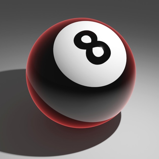 Photo 3d illustration of black billiard ball with number 8 with red border illuminated on white surface il