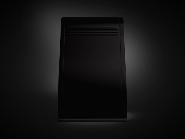3Dイラスト黒の背景の黒コーヒープラスチックポーチ包装モックアップ