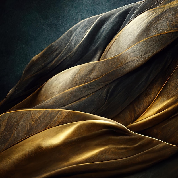 3D illustration Black and golden streaming fabric Flowing silky textured cloth Luxury background Ai rendering