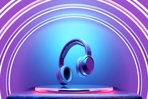 3d illustration of black headphones on circle podium on purple isolated background on whiteneon lights Headphone icon illustration