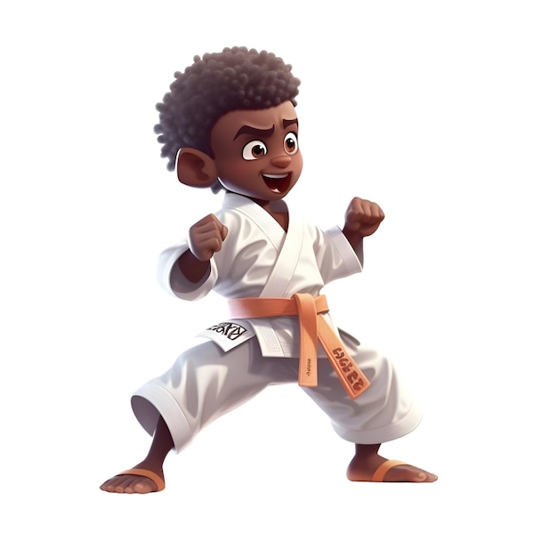 3D Illustration of a Black Kid Karate Fighter Isolated on White Background