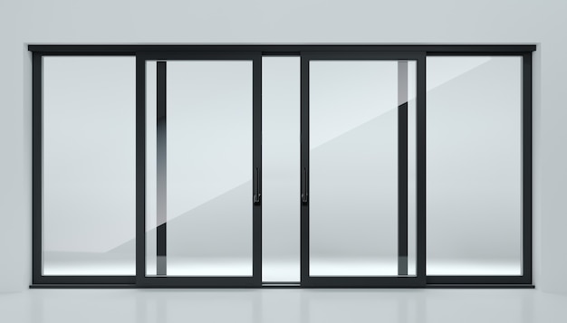 3d illustration. Black sliding door in the shop or windows. Background for banner. Advertising. Modern construction technologies