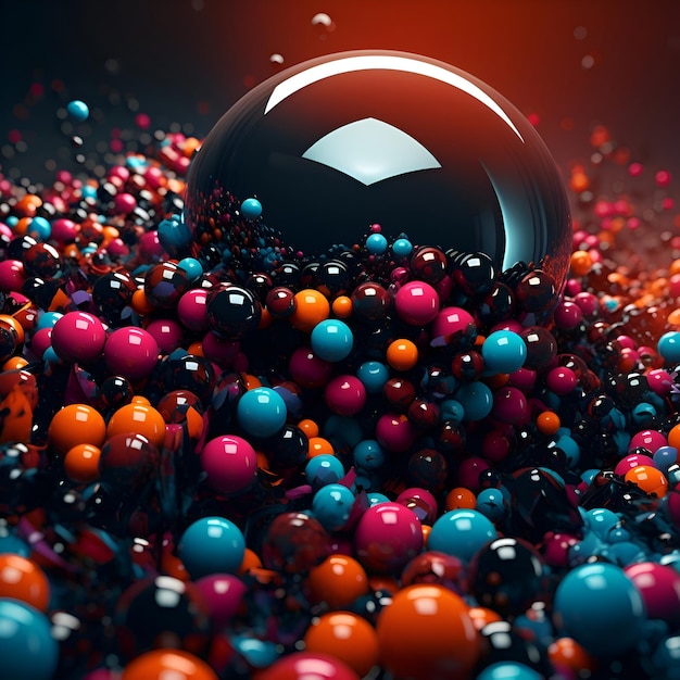 3d illustration of black sphere surrounded by colorful spheres Abstract background