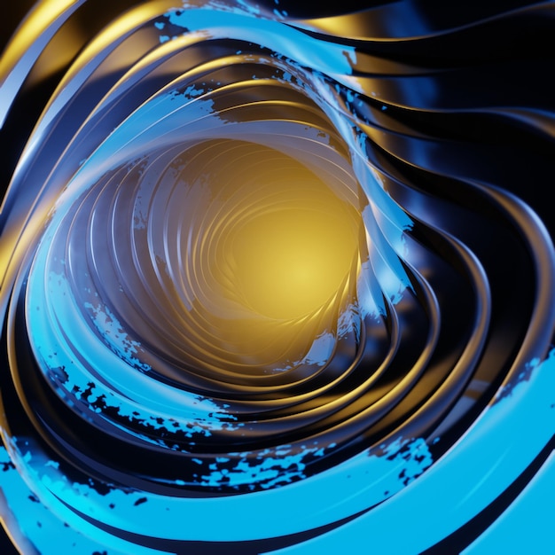 3d illustration of black spiral tunnel with blue spots and yellow reflections on bright yel