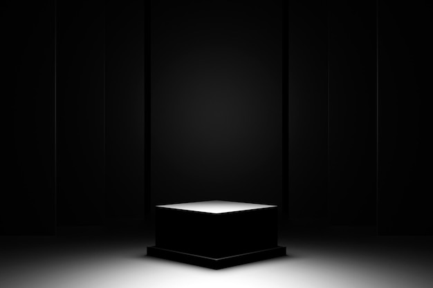 Photo 3d illustration of a black square podium under white light on a black background. 3d rendering. geometric minimalism background