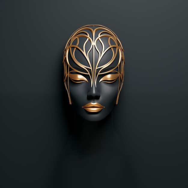 3d illustration of black woman with golden mask on black background