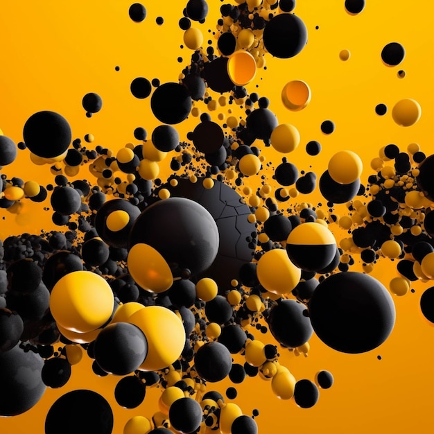 3d illustration of black and yellow spheres flying in the air over orange background