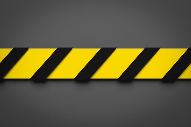 Photo 3d illustration of a black and yellow stripe in the middle on a gray background. warning tapes depicting danger signs and a call to stay away. barrier tape. concept of no entry.