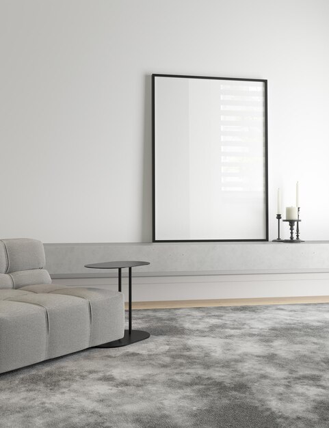 3d illustration of blank black frame in minimalist interior mockup living room