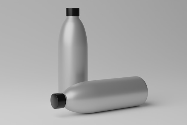 3D иллюстрации макет пустых бутылок на сером фоне