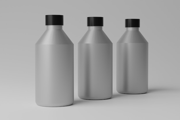 3D Illustration Blank Bottles Mockup on grey background