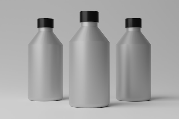 Фото 3d иллюстрации макет пустых бутылок на сером фоне