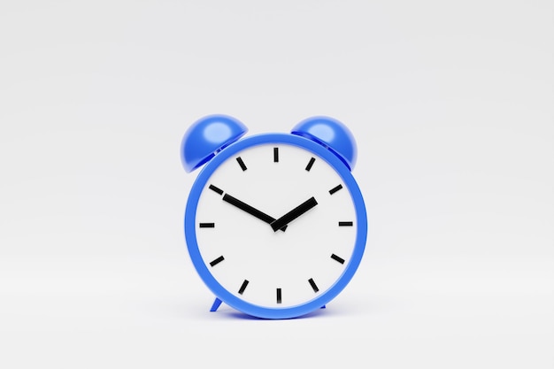 3d Illustration of a blue alarm clock double bells in on a white background Conceptual image of an alarm clock rendered 3d