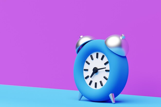 3d illustration blue cartoon wake up alarm clock on isolated purple and blue background